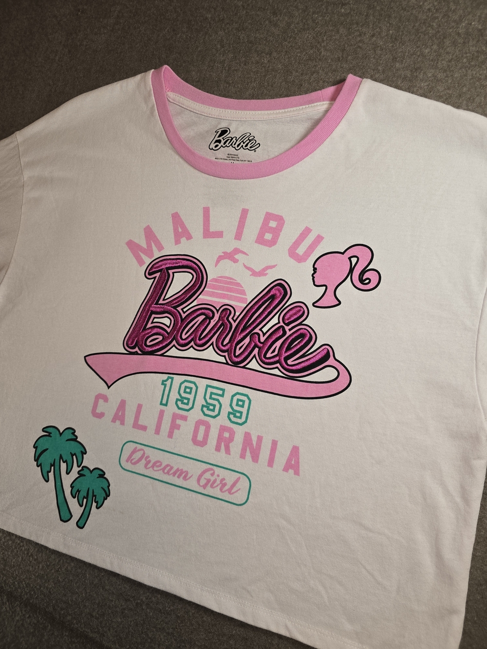 Barbie Cropped Pink & Teal Malibu California Tee Women's Medium